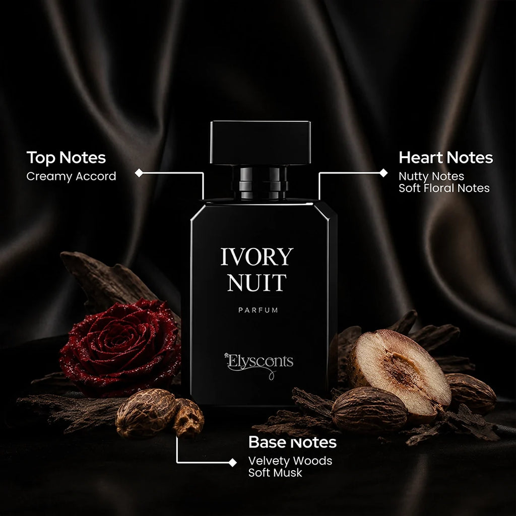 Ivory Nuit creamy and smooth perfume bottle by Elyscents UAE