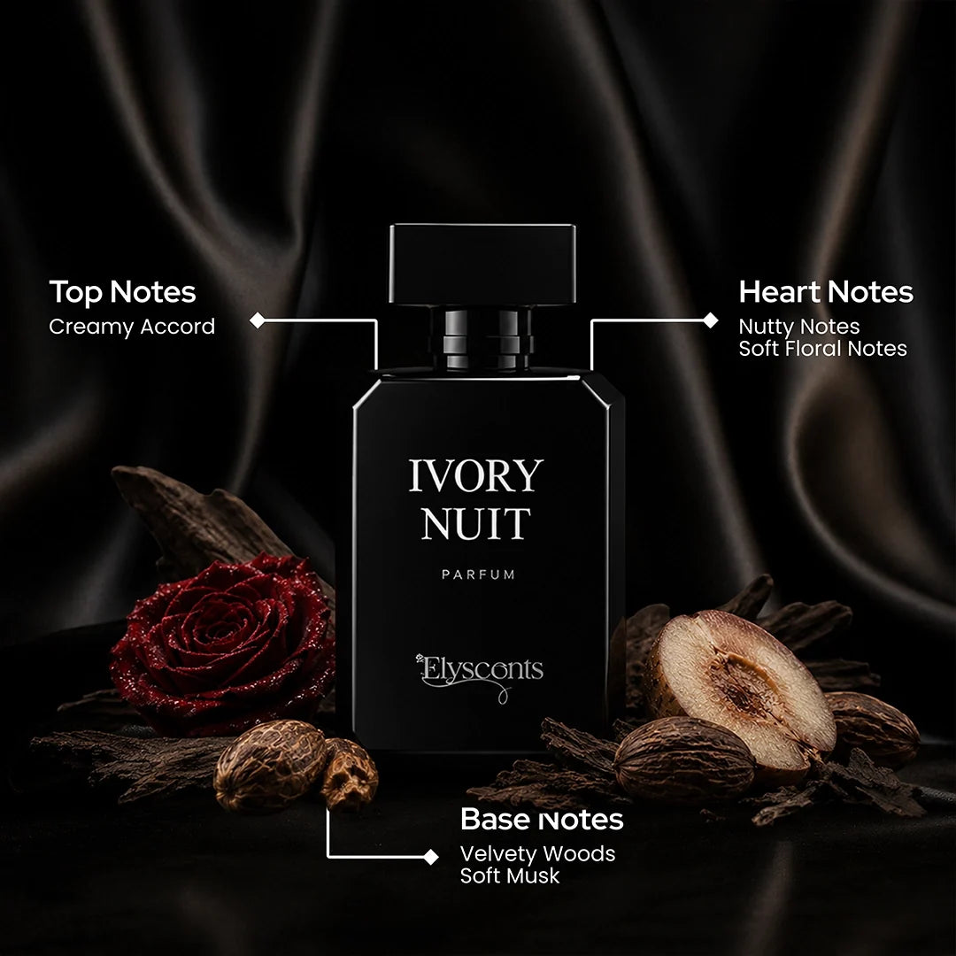 Ivory Nuit creamy and smooth perfume bottle by Elyscents UAE