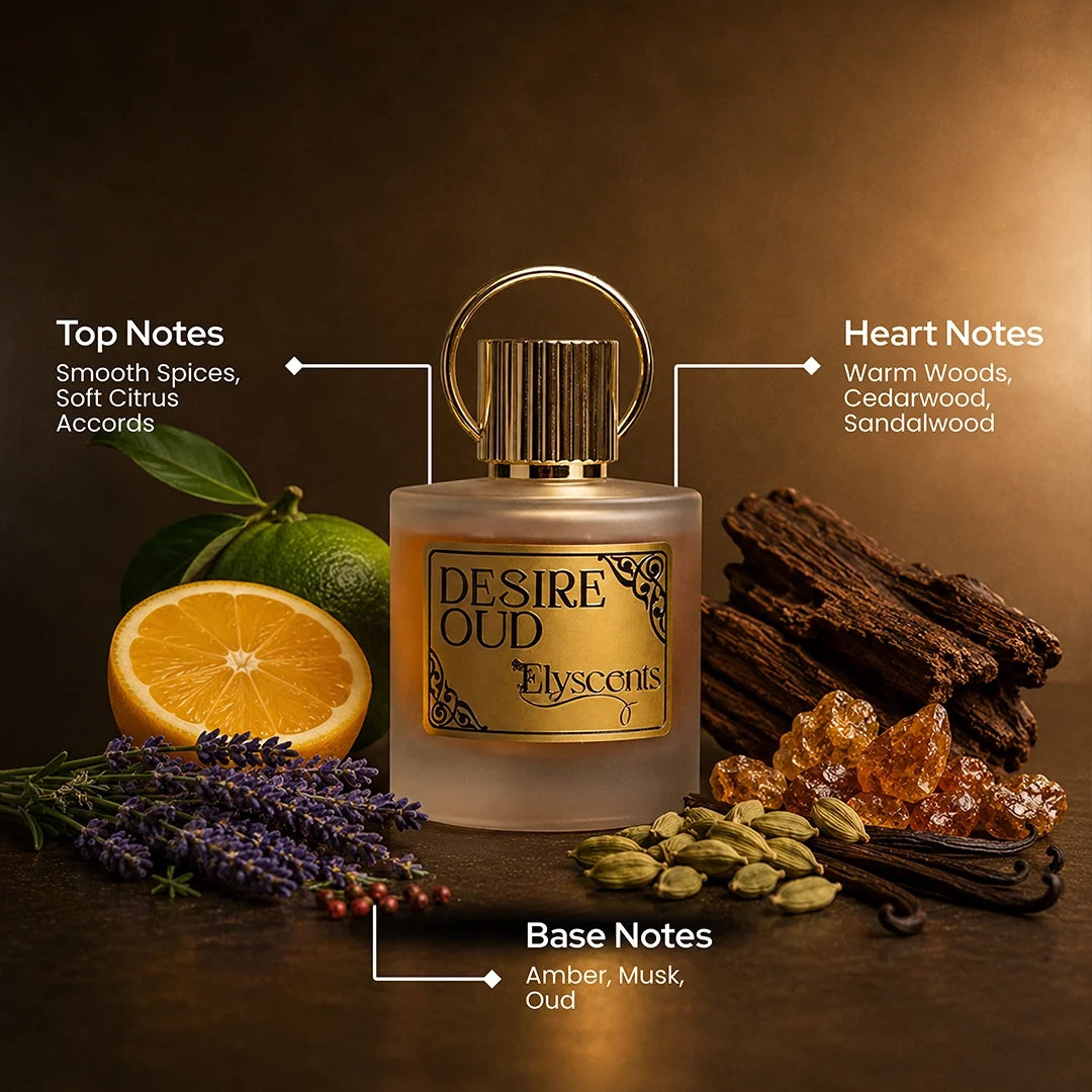 Desire Oud warm oud and woody perfume bottle by Elyscents UAE