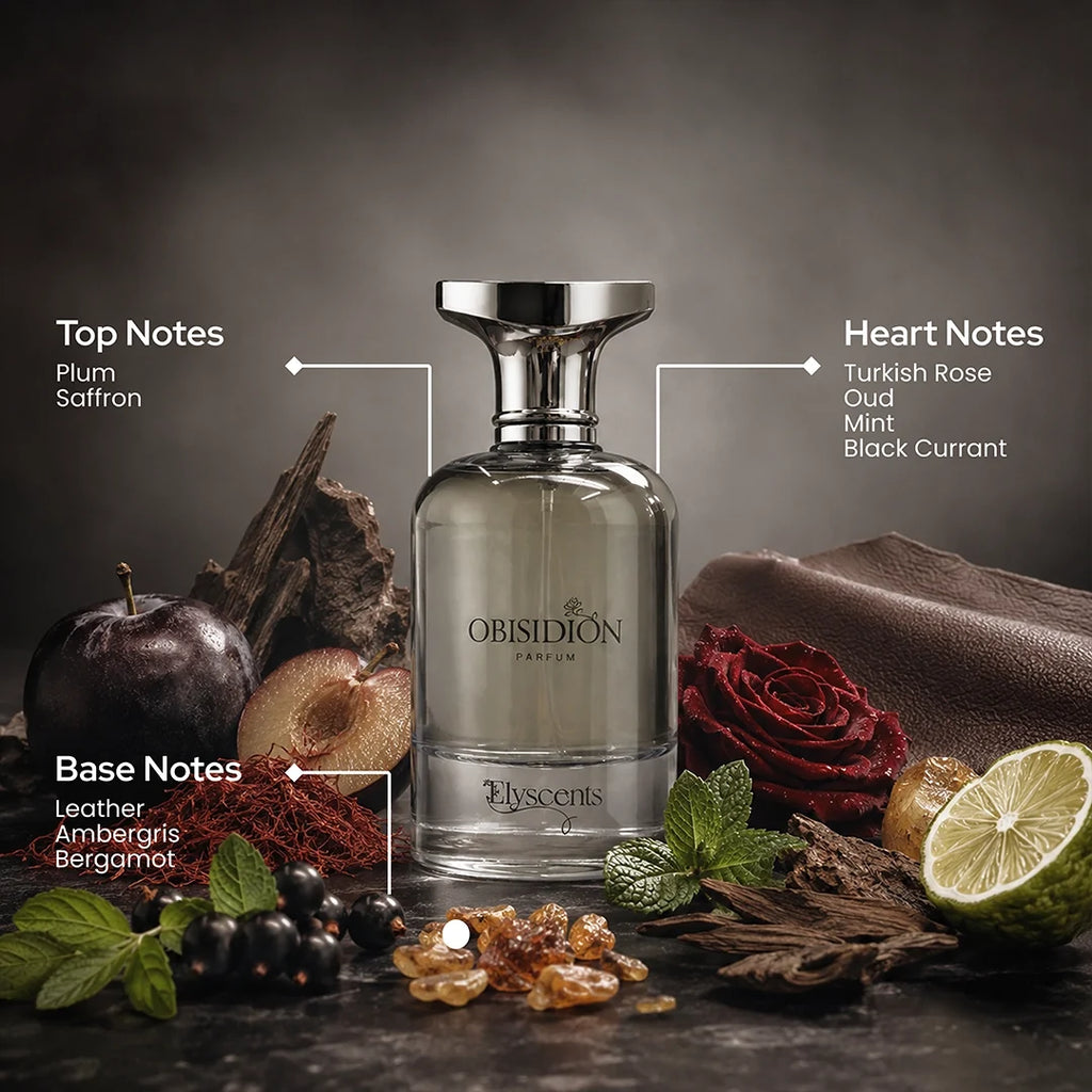Obisidion fruity rose and oud perfume bottle by Elyscents UAE
